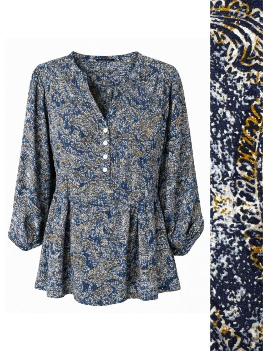 Zac and Rachel Woman Blue and Gold Paisley Blouse Roll Tab Sleeves 2X
